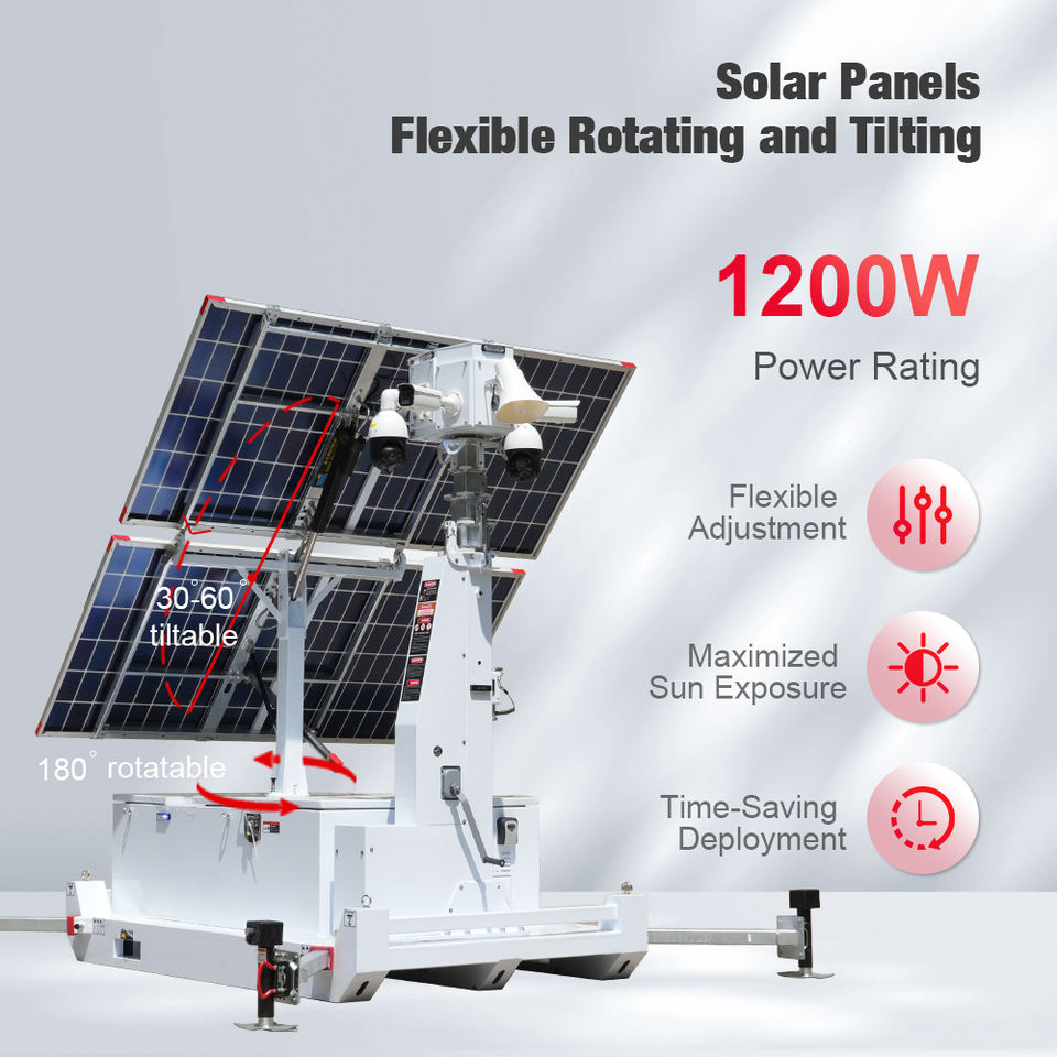 BIGLUX Solar Security Trailer Surveillance Skid 2x600W Solar Panels IP65 Waterproof Gel Battery 9m Electric Lifting for Parking