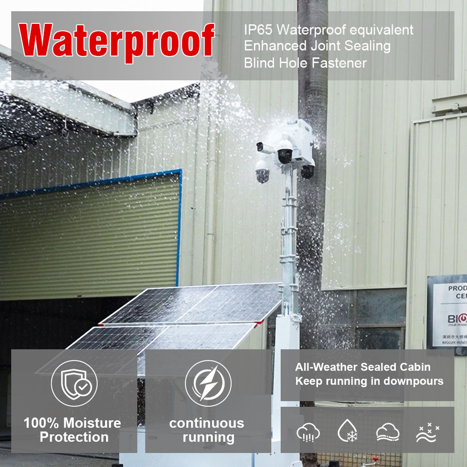 BIGLUX Solar Security Trailer Surveillance Skid 2x600W Solar Panels IP65 Waterproof Gel Battery 9m Electric Lifting for Parking