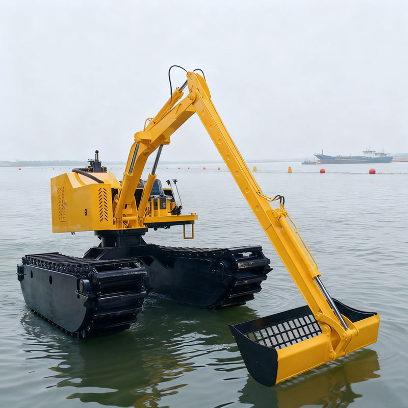 Wide Crawler Structure Amphibious Bucket Dredger Diesel Engine Gearbox Optimized Use Soft Surfaces Riverbeds Swamps Focused