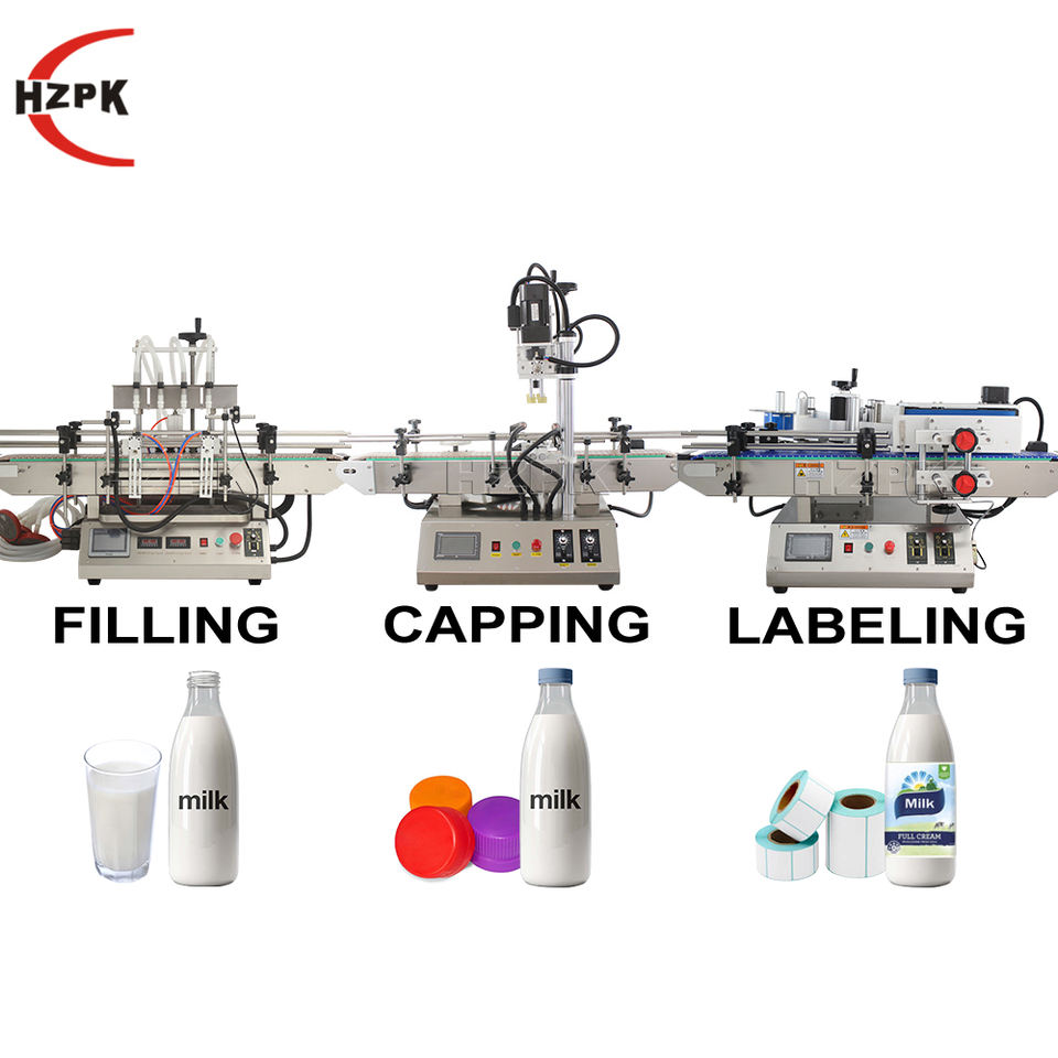 HZPK Fully Automatic 4 Head Liquid Filling Machine Water Bottle Capping Labeling Oil Milk Lotion Energy Drink Filling Machine