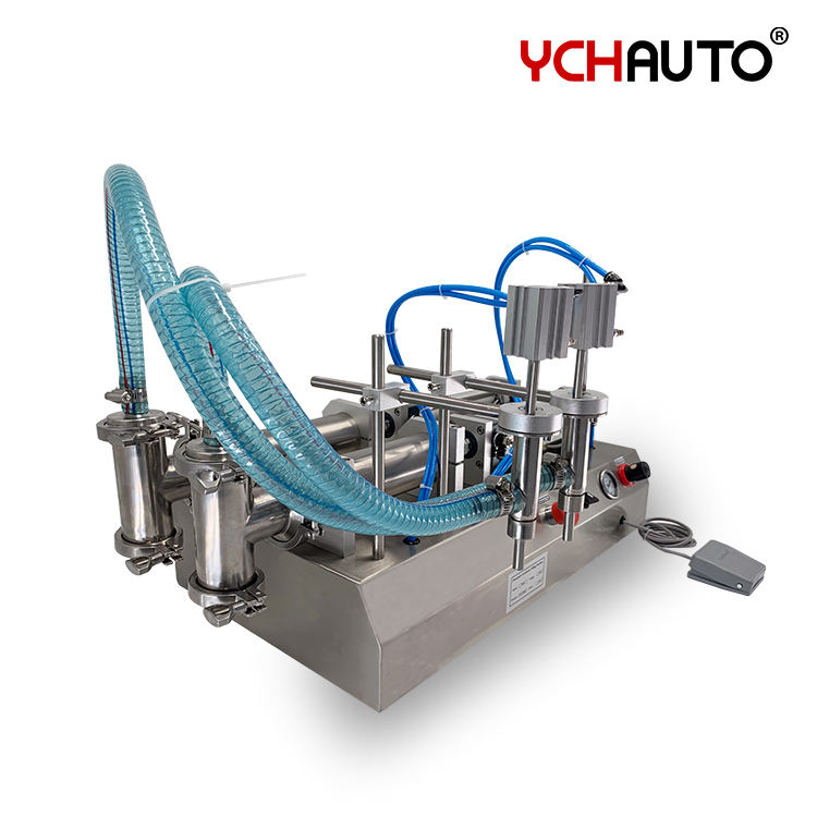 Table Top Double Heads Semi Automatic Liquid Filling Machine for Filling Juice Oil Milk
