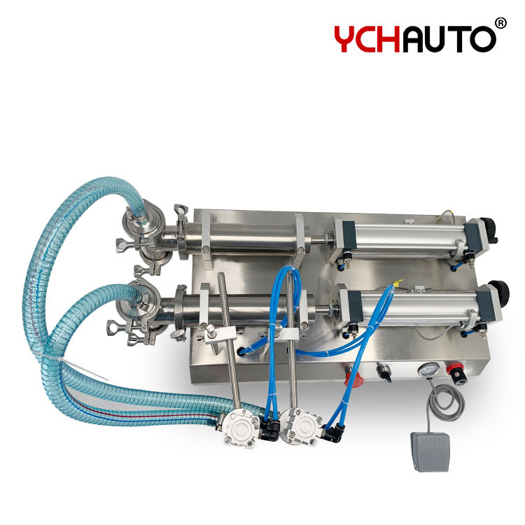 Table Top Double Heads Semi Automatic Liquid Filling Machine for Filling Juice Oil Milk