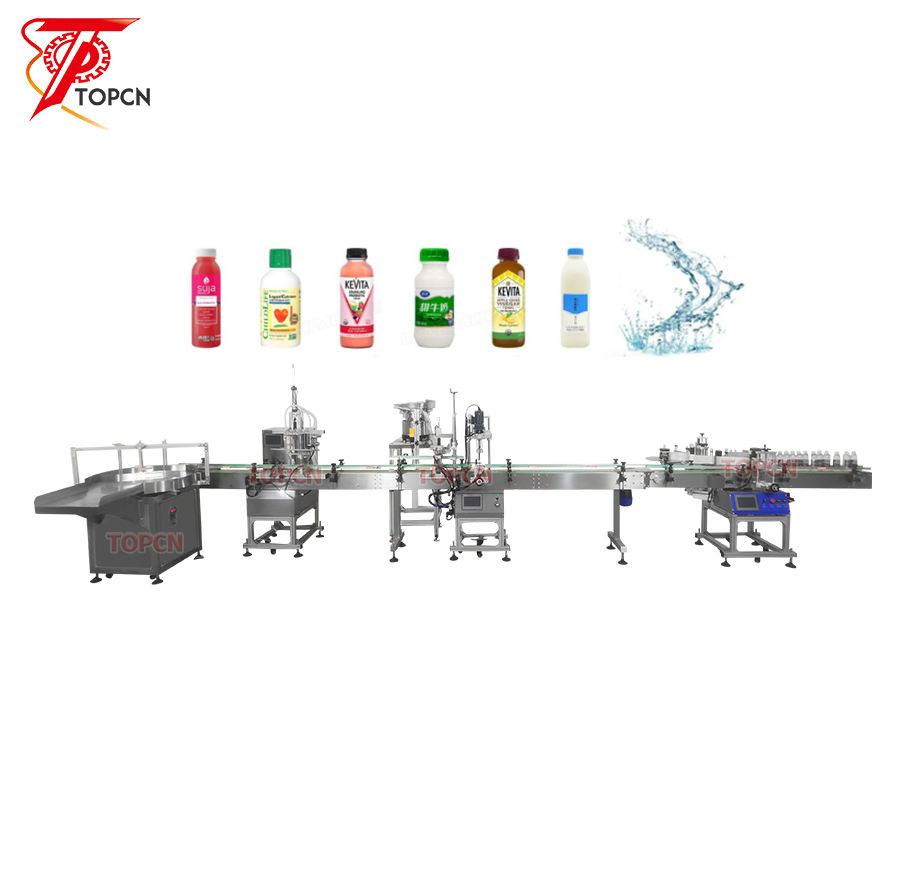 Good Automatic Small Scale Ink Liquor Milk Tea Wine Drops PET Bottle Liquid Filling Capping Double Side Labeling Machine