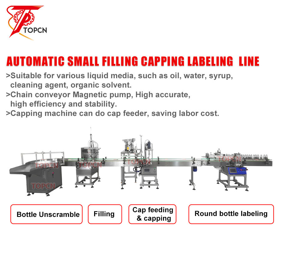 Good Automatic Small Scale Ink Liquor Milk Tea Wine Drops PET Bottle Liquid Filling Capping Double Side Labeling Machine