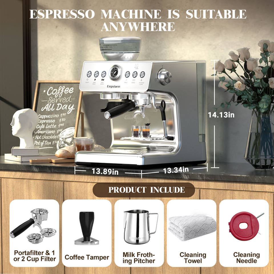 Empstorm Electric 21M Professional Espresso Coffee Machine with Grinder for Barista Office Household Use