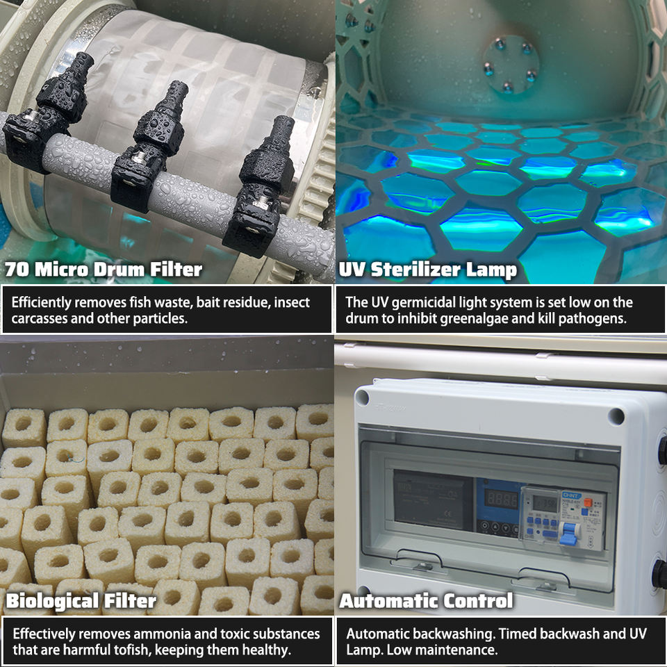 Cowater Koi Pond Filter Systems Landscape Fish Pool Aquarium UV Lamp & Drum Filter Multiple Bio Media Chamber 220V Pump Motor